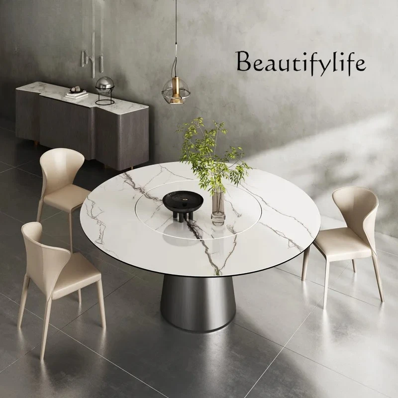 

стол кухонный Italian-Style Light Luxury Bright Rock Plate Titanium Black Stainless Steel Foot Designer Embedded Turntable round