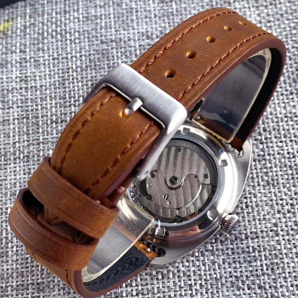 New PARNIS 36mm White Sterile Dial Military ST1701 Auto Brushed Stainless Steel Men Watch Leather Strap Small Dial Mineral Glass