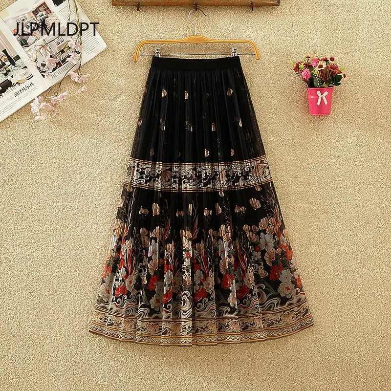 

2025 summer new medium and long mother elastic high-waisted pleated square dance swing skirt