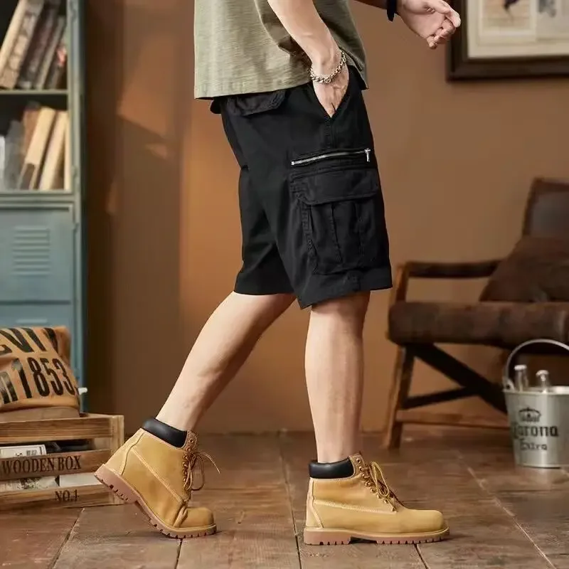 バミューダ男性用ショートパンツ、伸縮性ウエスト、無地、ジッパー付きドローストリング、ゆったり、マルチポケット、ロング、ルーズ、メンズカーゴショーツ、ハーフワイド