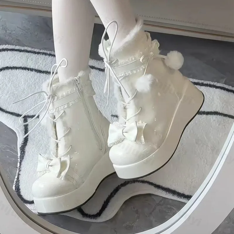 

Модные зимние сапоги с бантом, новинка зимы 2021, плюшевая утепленная хлопковая обувь на платформе, теплые ботинки до середины икры с боковой молнией, увеличивающие рост