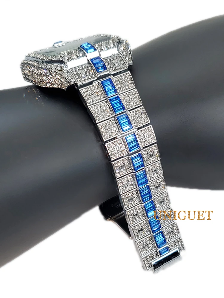 Orologi al quarzo da uomo blu ghiaccio con calendario con numeri colorati Orologio alla moda hip-hop per uomo Orologio da polso quadrato dal design di lusso regalo