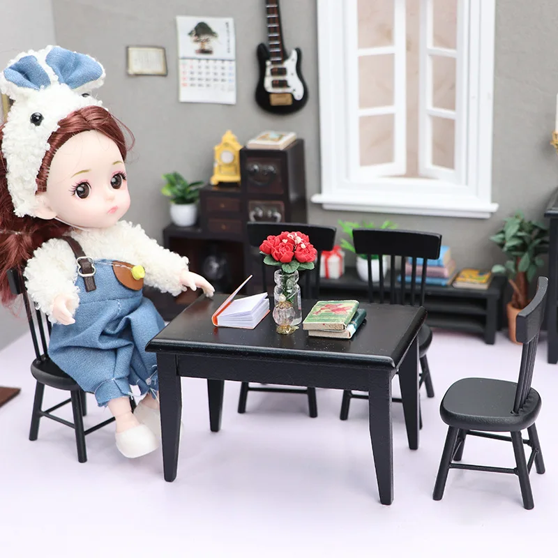 1:12 Poppenhuis Restaurant Micro-scène Model Speelgoed Miniatuur Eettafel Voedsel Spelen Zwarte Eetkamerstoel Set Poppenhuis Accessoires
