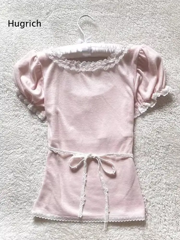 Women Puff Short Sleeve Blouse Square Neck Lace Trim Bow Decor Slim Fit Sweet Style Knit Top For Daily Casual Wear Dating Gather