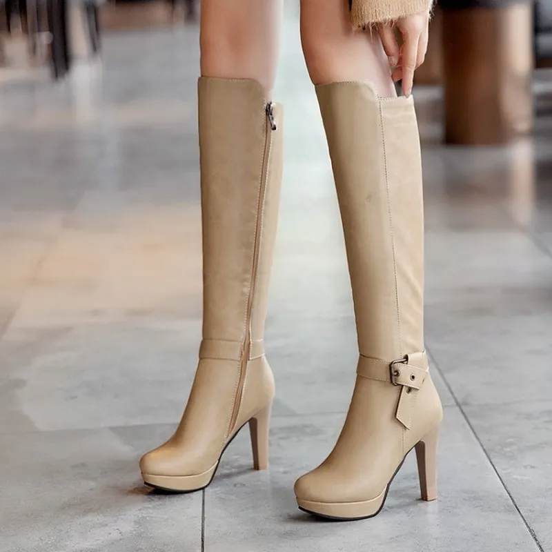 winter The New fashion Side zipper Thick heel 10CM Women boots black Sexy Knee Plus velvet Keep warm High heel Women boots 34-43