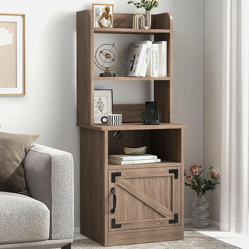 

Nightstand, Tall Bedside Table With Charging Station & Adjustable Open Bookshelf, Industrial 47"" End Side Table With Storage