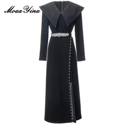 MoaaYina Autumn Fashion Designer Black Vintage Dress Women Lapel Long Sleeve Diamond Sashes Gathered Waist Slim Slit Long Dress