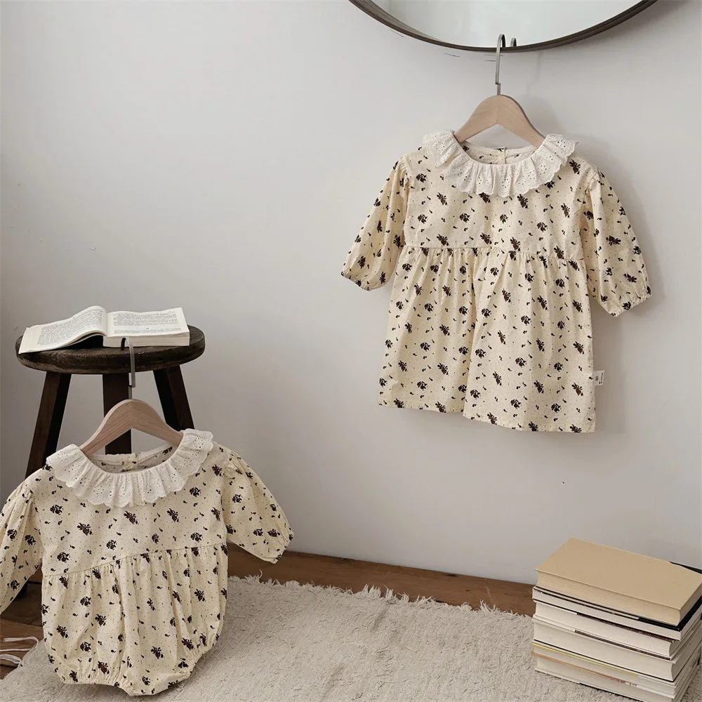 Autumn Baby Sisters Clothing Cute Floral Print Newborn Infant Baby Girl Bodysuit Or Toddler Kids Girls Cotton Princess Dress