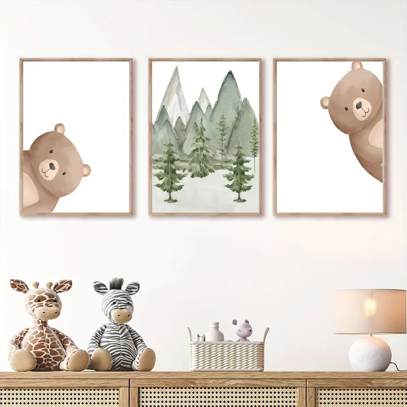 Forest Peeking Bear Print Posters Children Cute Cartoon Animal Canvas Painting Baby Bedroom Nursery Wall Art Decoration Pictures
