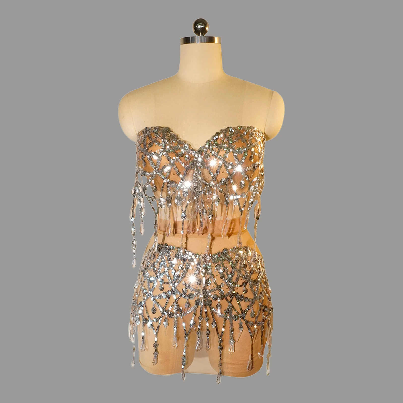 Платье для выпускного вечера из двух частей, костюмы драговой королевы ​ Платье с блестками и блестками для танцев, сексуальная сетка, прозрачная вечеринка, клуб, певица, сцена, празднование