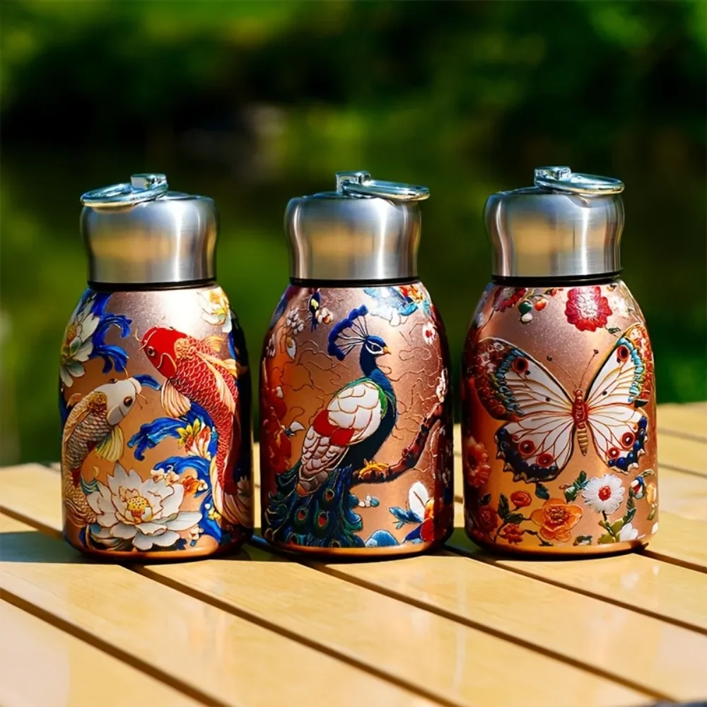 Stainless steel insulated water bottle with mini vacuum cup - vibrant floral and koi designs, perfect for travel and carrying