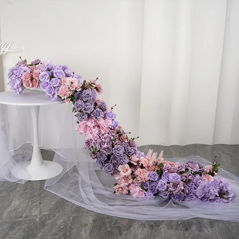 

Luxury Purple Artificial Flower Wedding Backdrop Decor Sofa Floor Long Flower Runner Table Centerpieces Row Floral Arrangement