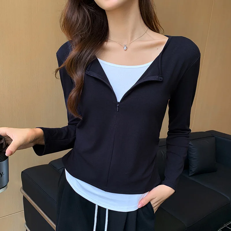 

2025 Autumn New Invisible Zipper Fake Two Piece Long Sleeved T-shirt for Women's Casual Folded Bottom Shirt Top
