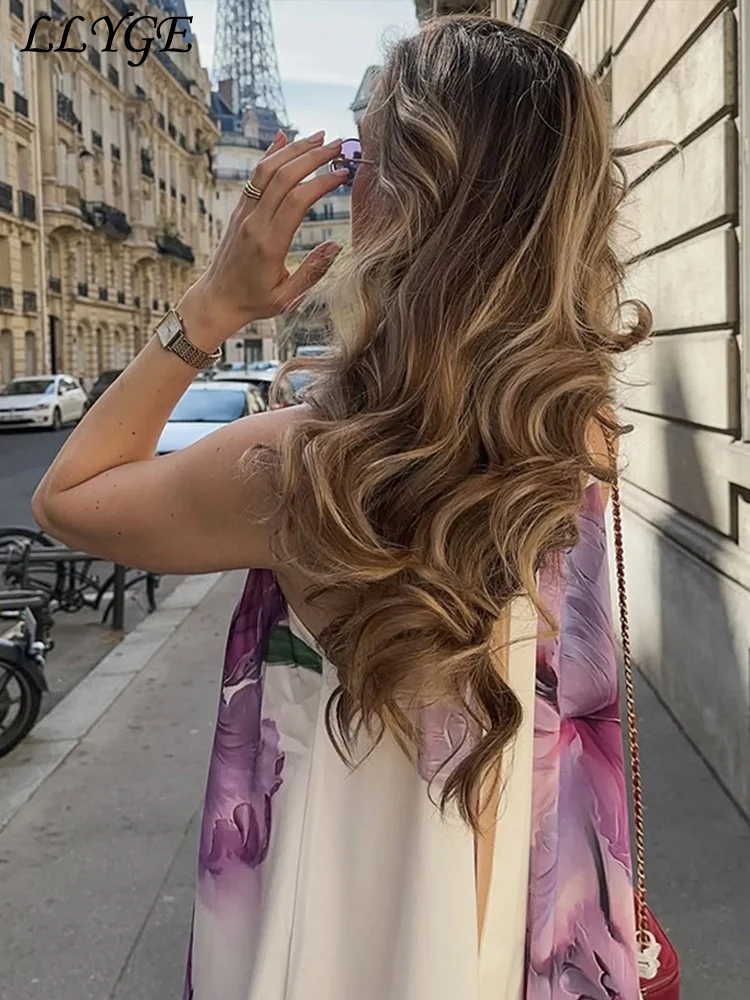 Elegante impressão curto vestido de férias feminino solto gola alta fora do ombro sem mangas a linha vestidos 2025 senhora boho floral praia robe