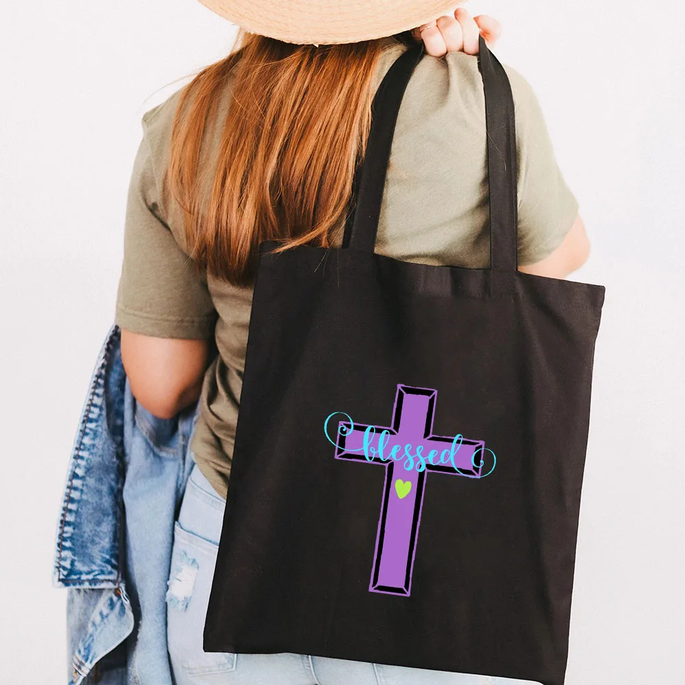 Jesus cristo cruz deus cristão girassol Christus crucifixo lona feminina algodão totes sacos de ombro shopper bolsas de compras