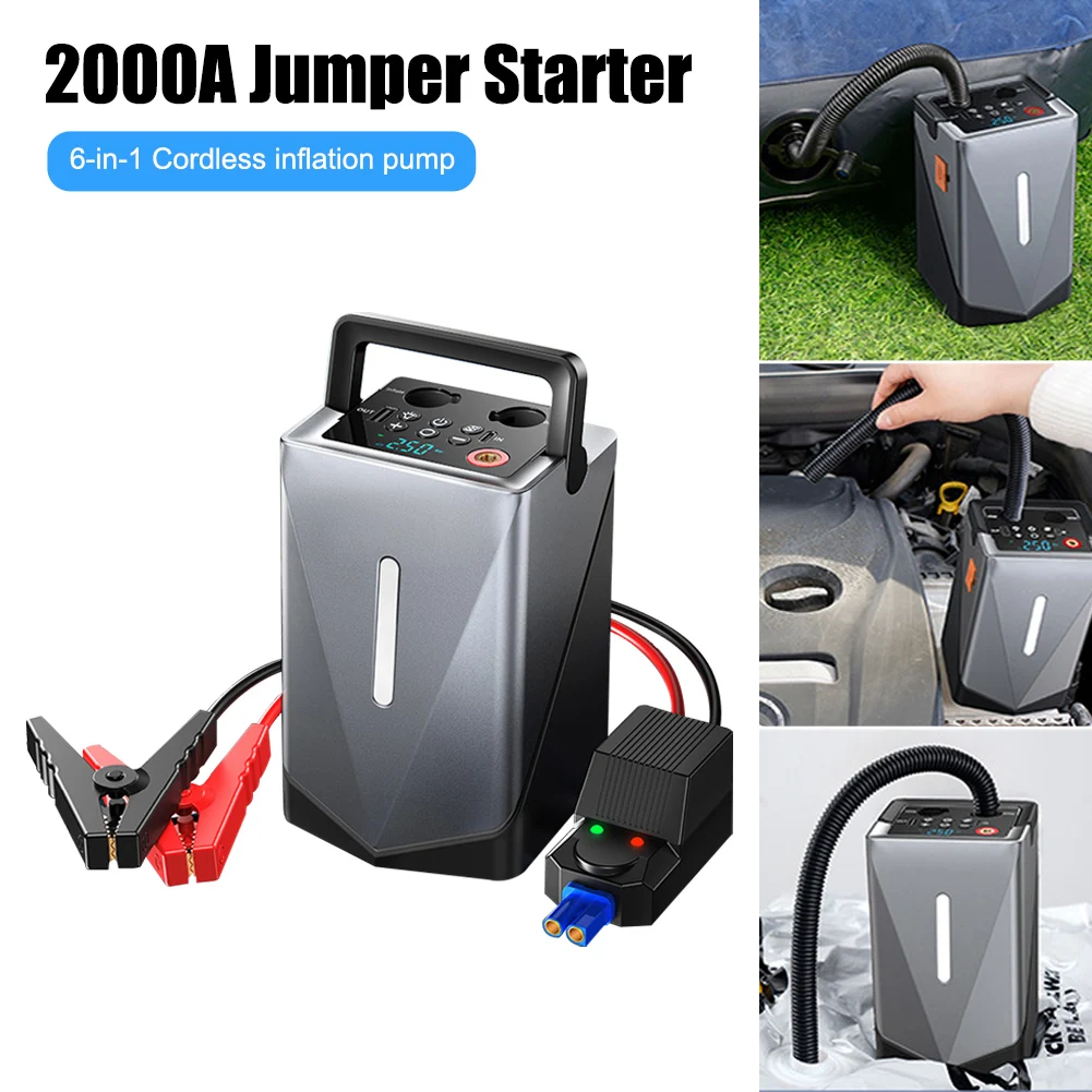 

Portable Jump Starter with Air Compressor, 6-in-1 Car Battery Jump Starter with 150PSI Tire Inflator, 2000A Starter Power Bank