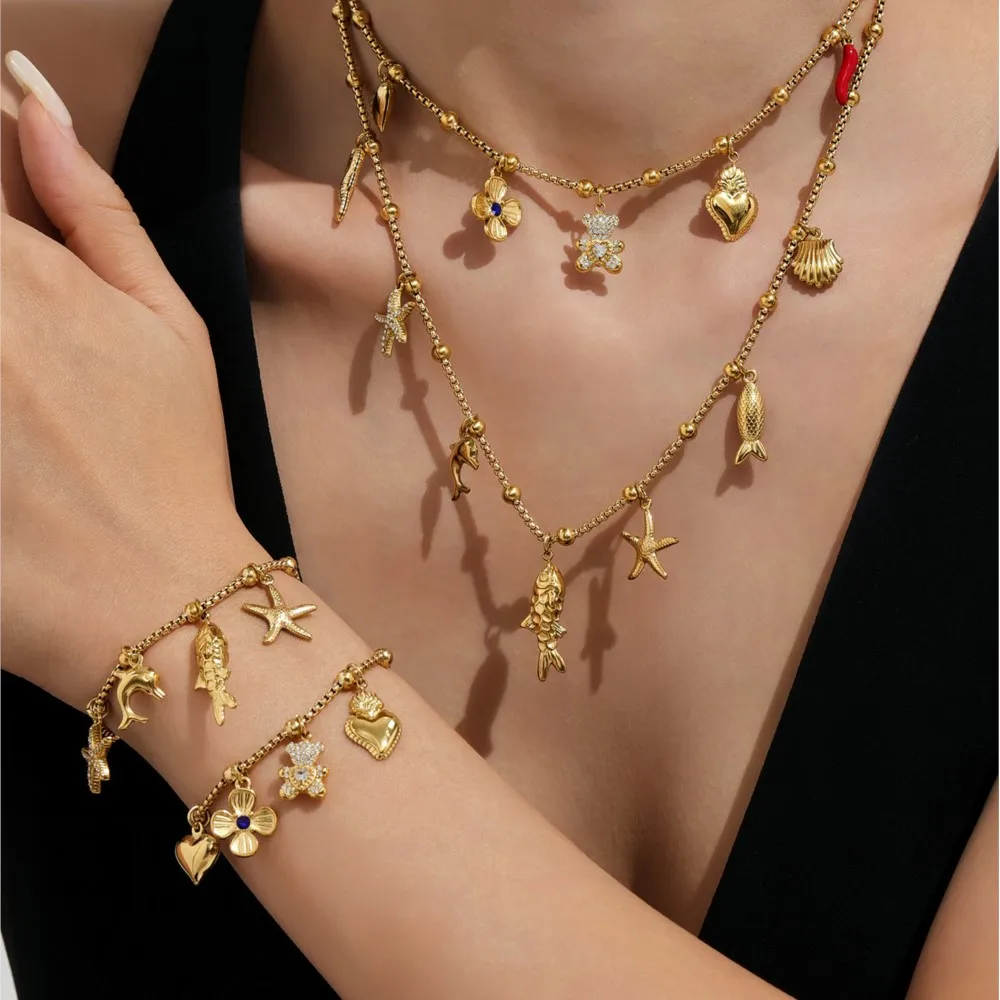 الفولاذ المقاوم للصدأ قلادة سوار للنساء 18 كيلو مطلية بالذهب مع الأسماك نجم البحر شل سحر القلائد النسائية مطابقة الأساور