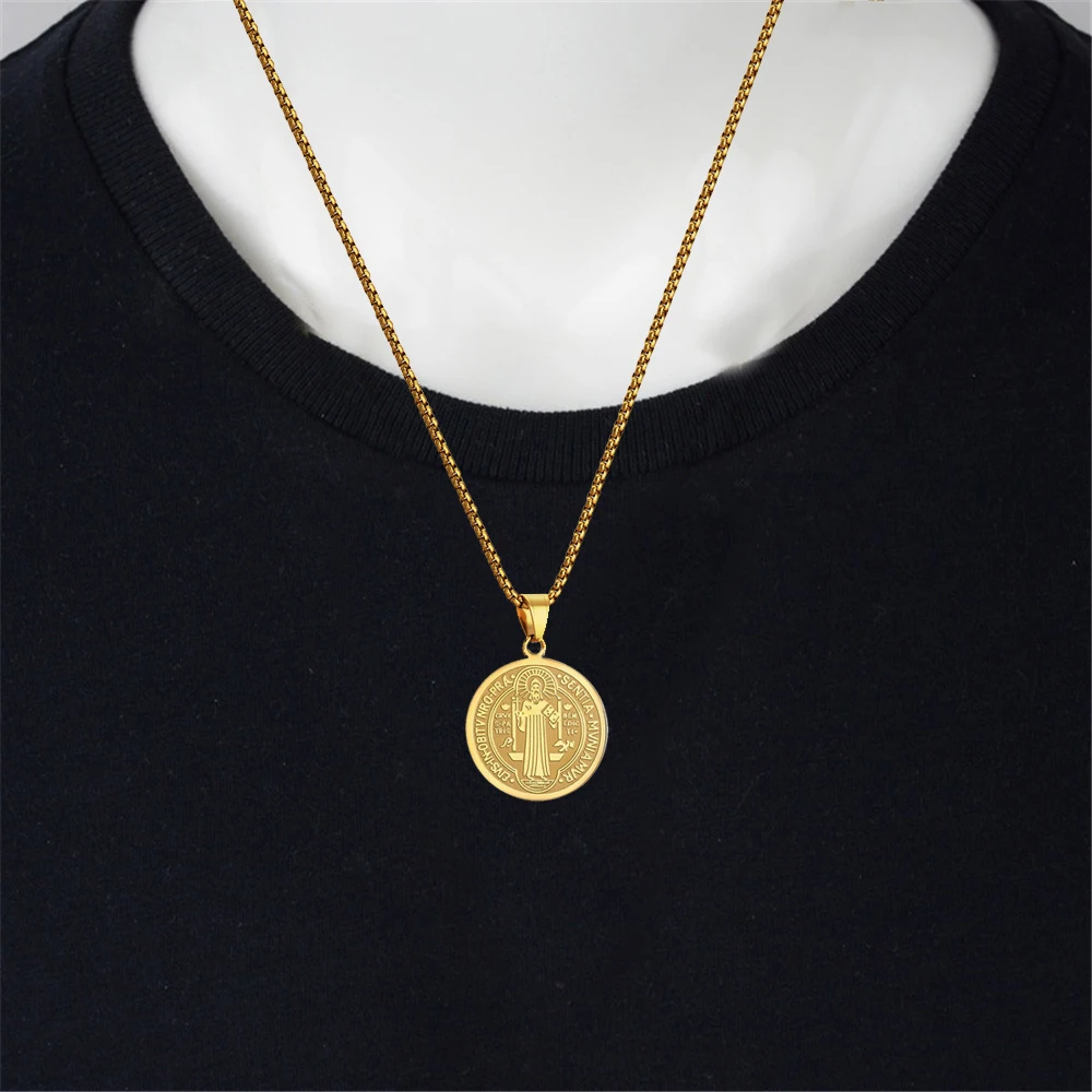 Religious San Benito Holy Medal Pendant Gold Color Stainless Steel Jesus Cross Round Necklace for Women Men Fashion Jewelry Gift