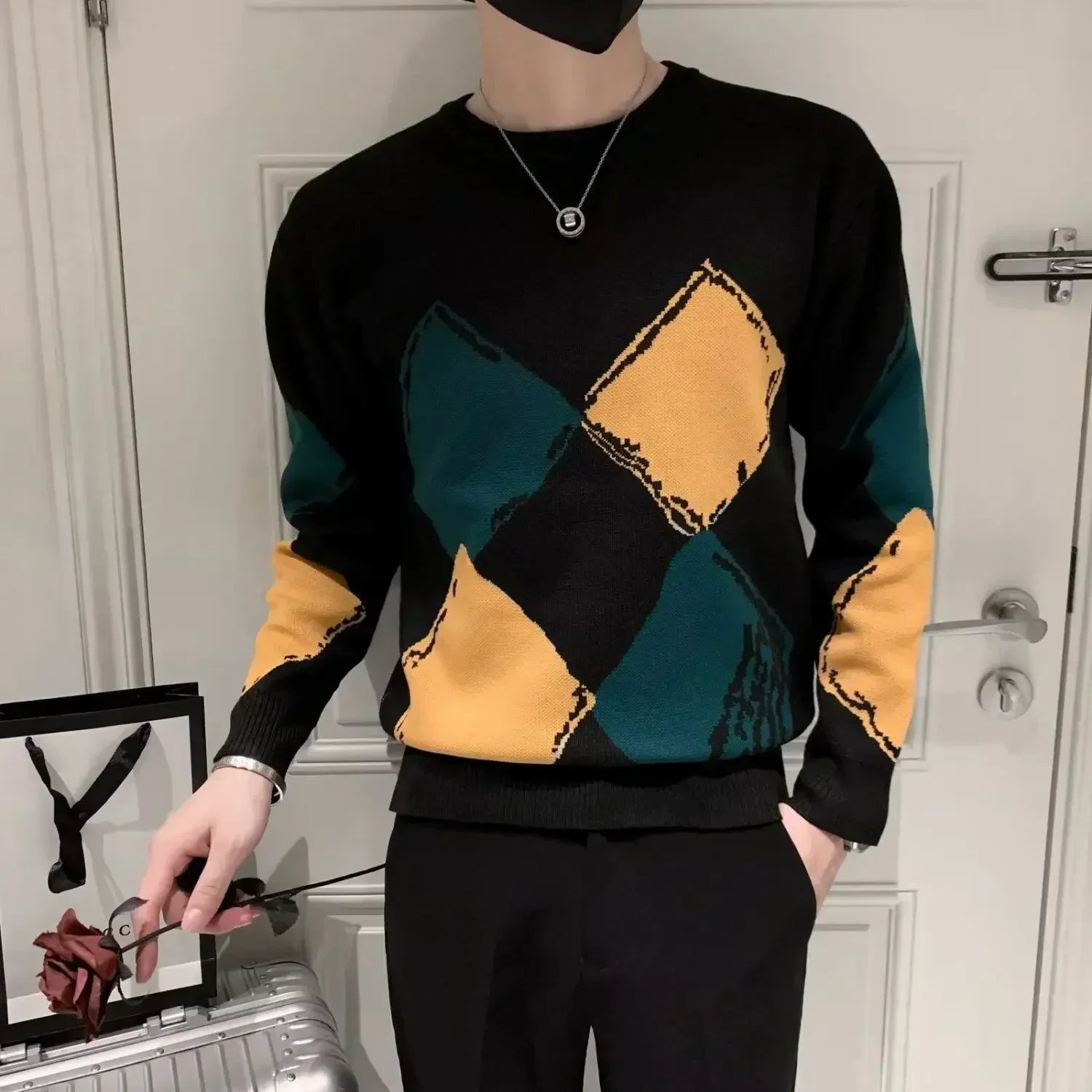 

Man Clothes Pullovers Knitted Sweaters for Men Plaid Round Collar Argyle Crewneck Sweatshirts Designer Luxury Cotton S Knitwears