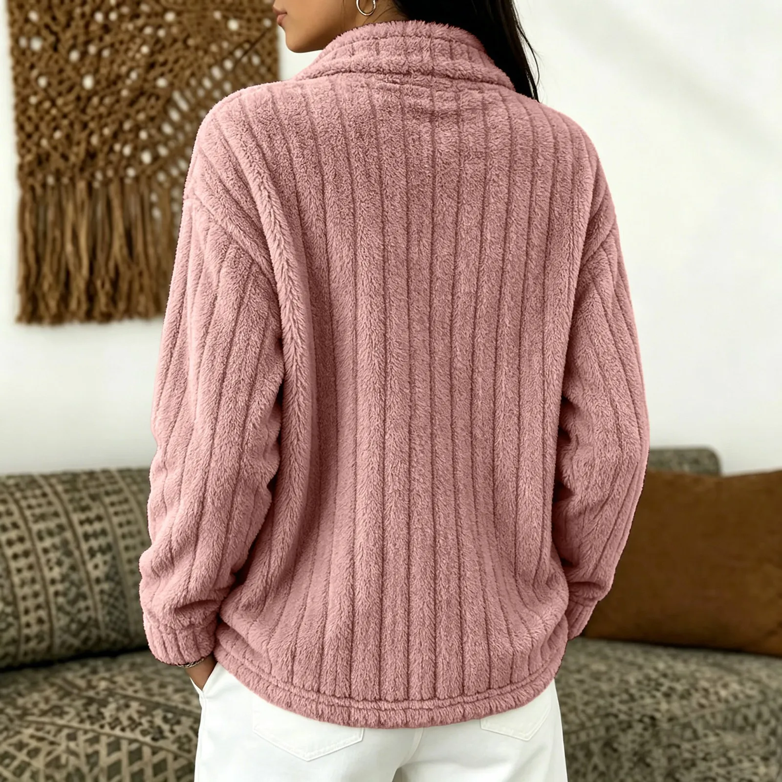Women's Autumn Winter Turn Collar Ribbed Fleece-lined Warm Zip-up Long-sleeved Sweatshirt