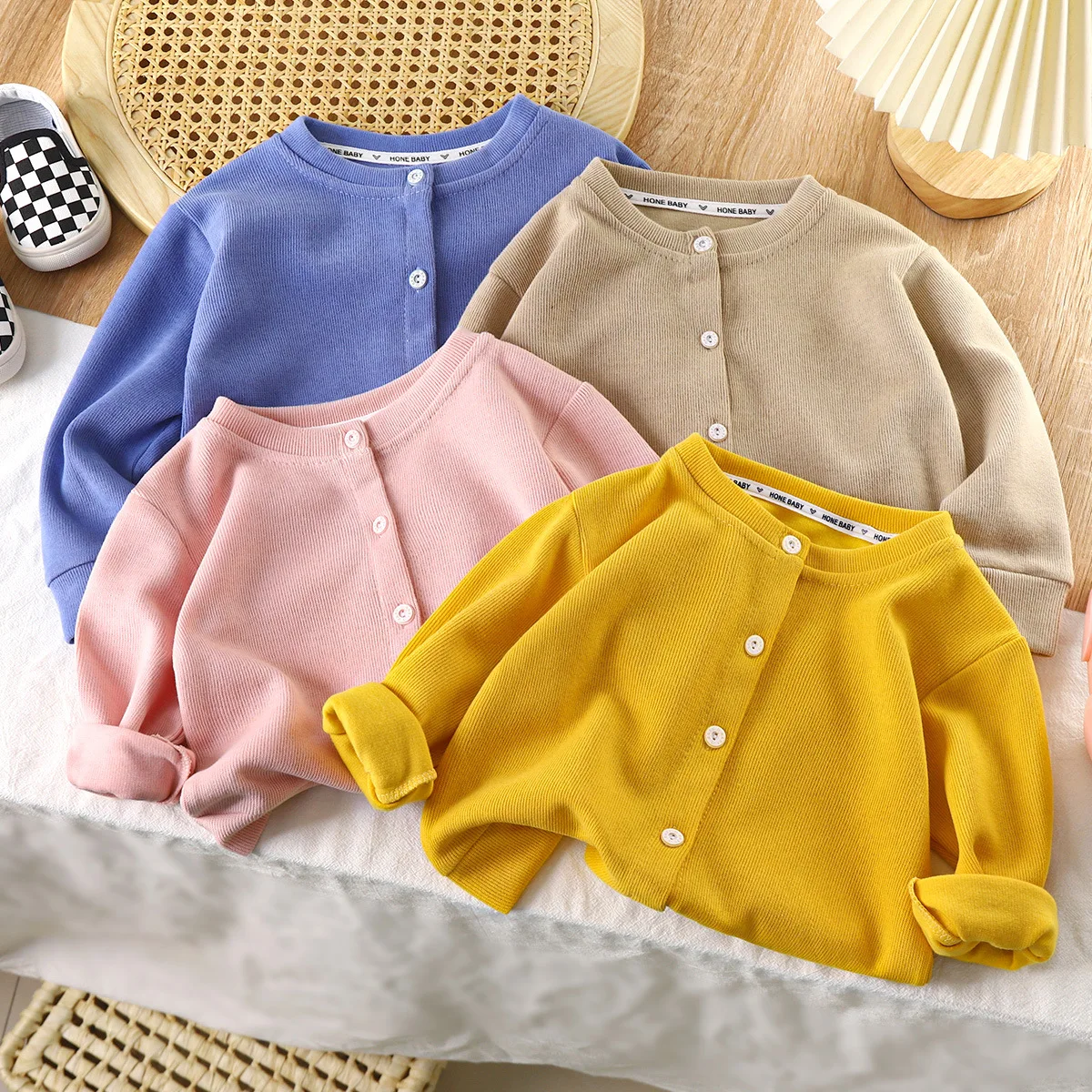 

Coat Girls Open Stitch Autumn New Boys Thin Knitwear Baby Sweater Round Collar Button Single Row Long Sleeve Soild