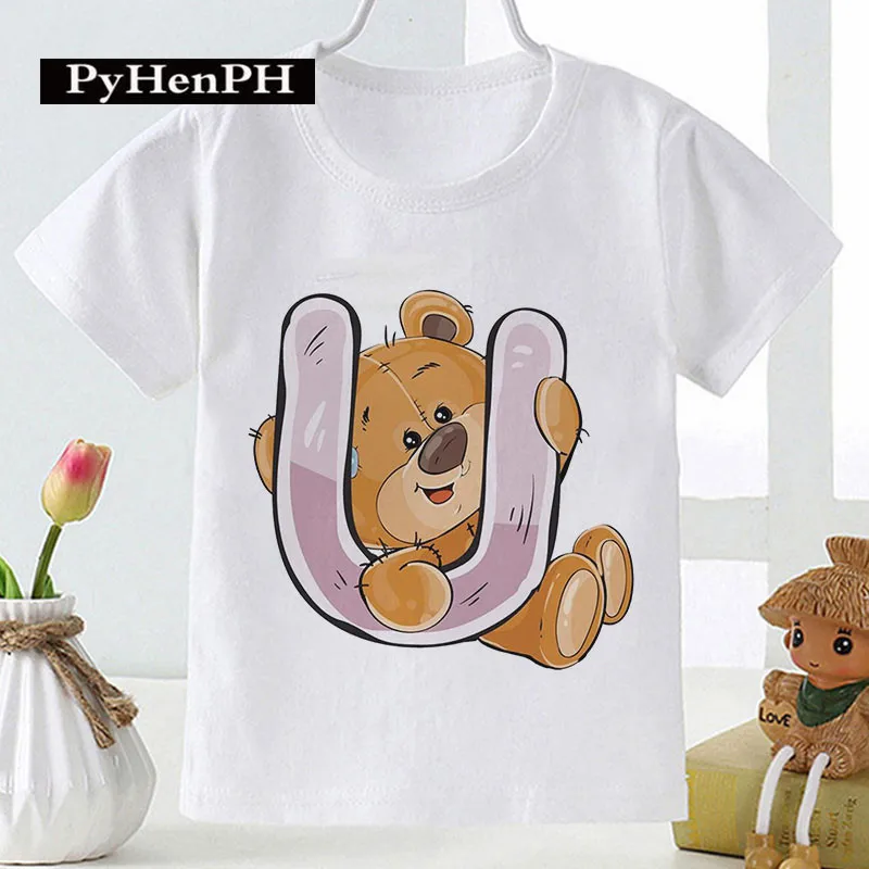 Super Hete Schattige Beer Engelse Letters Bedrukt Babykleding Kinderen Korte Mouw Zomer Basis T-Shirt Verjaardagscadeau Kleding