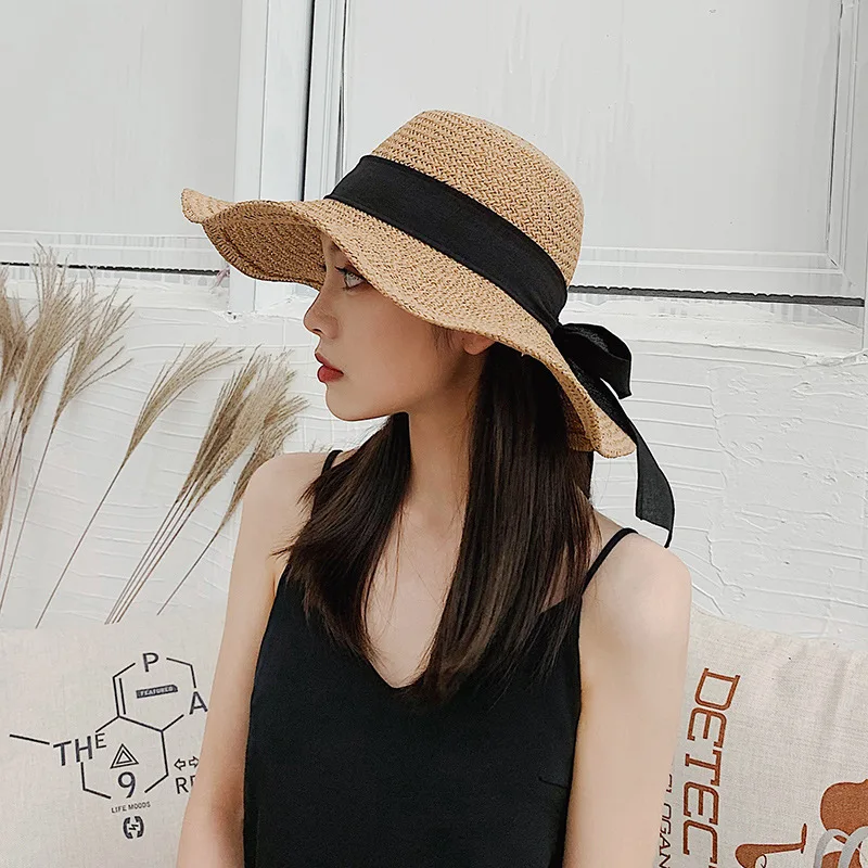 

Women Summer Natural Hat Girl Fashion Ribbon Floppy Shading Panama Wide Brim Sun Hats Vacation Travel Beach Straw Hat Bow