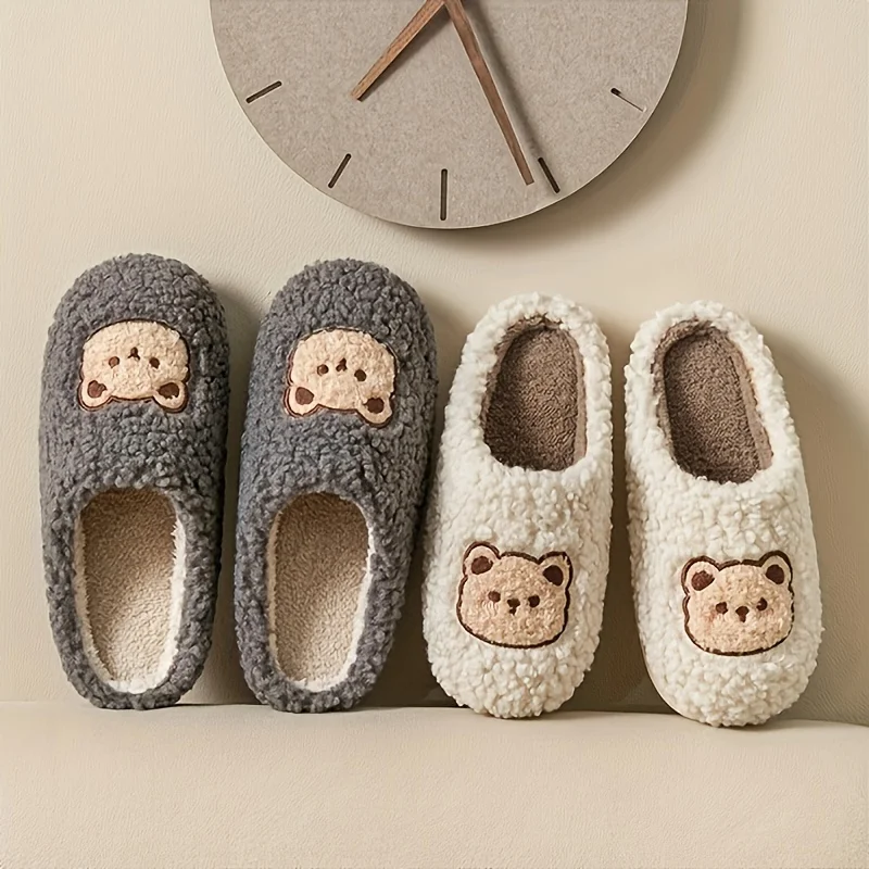 Cute Bear Winter Plush Slippers, Closed Toe Slip On Flat House Shoes, Cozy & Warm Home Floor Slippers