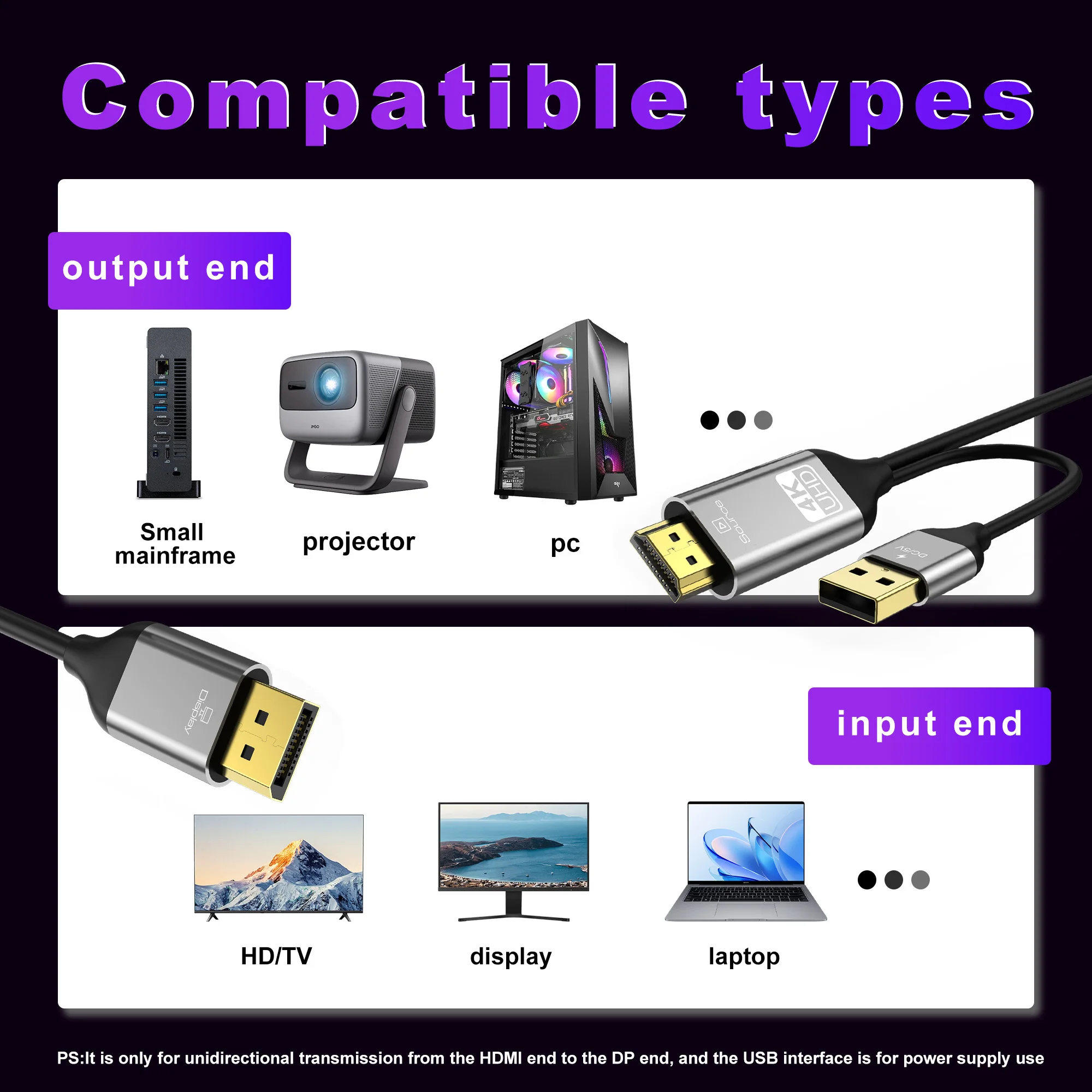 HDMI-zu-DisplayPort-4K-Kabel unterstützt 4K@60Hz mit USB-Stromkabel, unidirektionale Übertragung für PS5, PS4, PC, Laptop, Monitor, TV – Detail 5