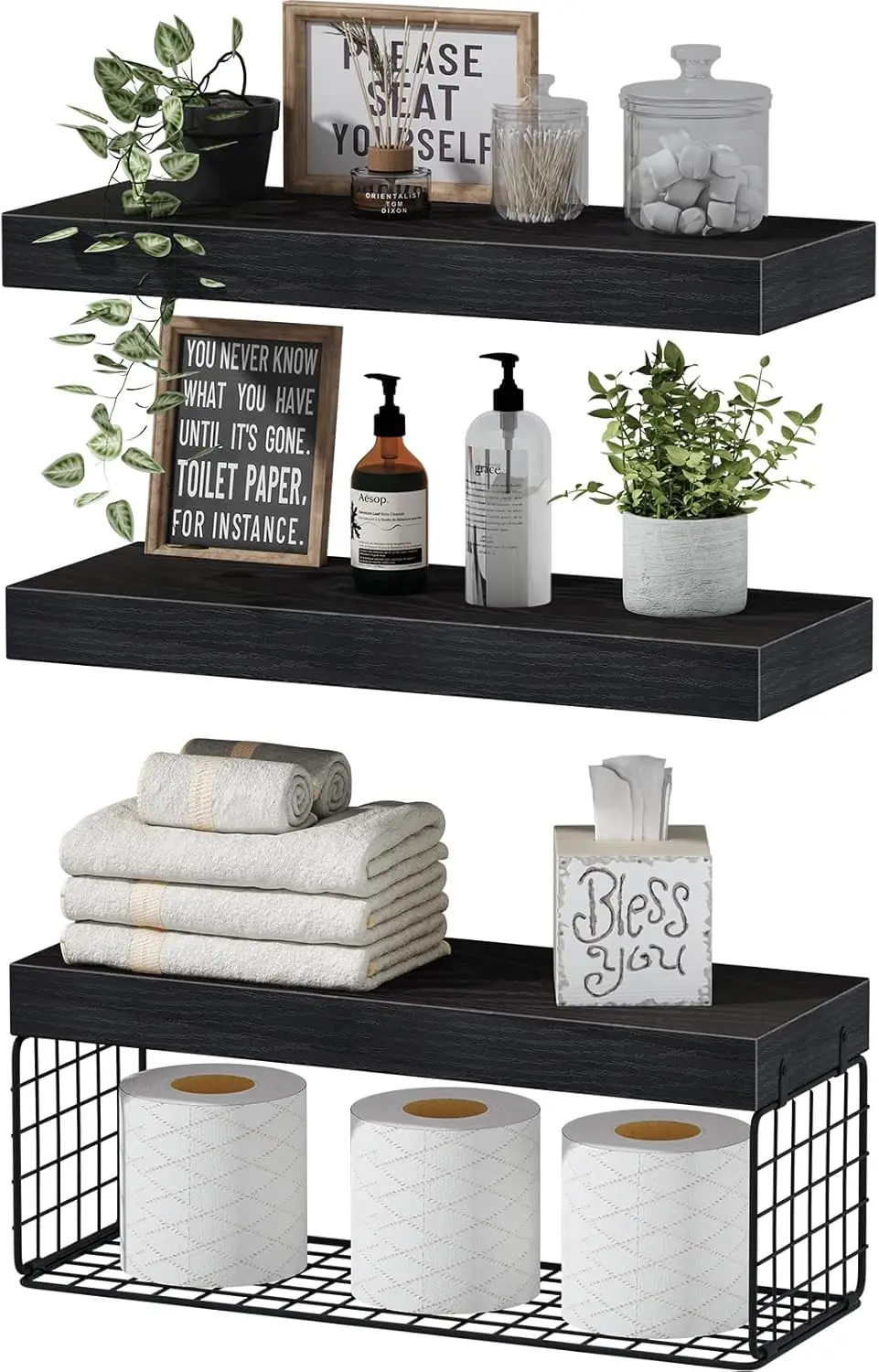 

Black Bathroom Shelves Over Toilet Wall Mounted Floating Shelves Farmhouse Shelf Toilet Paper Storage Small 16 inch Set of