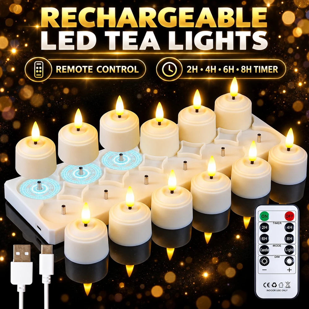 6/12Pcs LED Candle Light Timer Rechargeable Flashing Flameless Candle Lamp Tea Lights With Black Cups For Home Decoration Candle