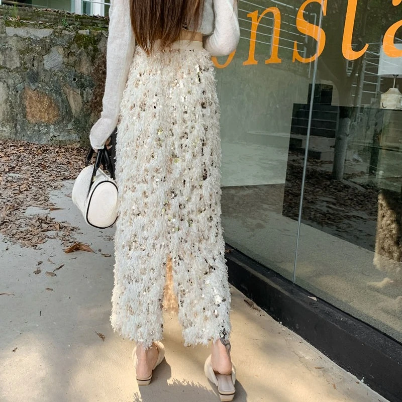 2025 Winter Fall Women High Waisted Feather Gold Sequined Long Beige Pencil Skirt , Woman Ankle Length Fashion Desiger Skirts