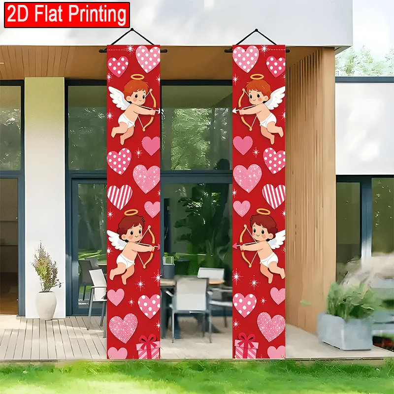 2D Flat 2Pcs Valentine's Day Porch Banners, 12x70.8in Polyester Door Couplets with Gift Box, Heart & Cupid Design