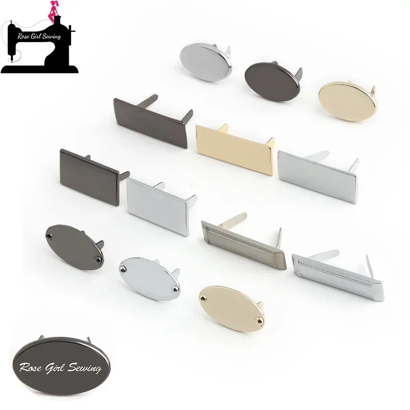50 sztuk 23/26/34/36MM owalne, prostokątne metalowe etykiety z otworami dla majsterkowiczów ręcznie robione torebki torby ubrania dostosuj swoje logo z imieniem