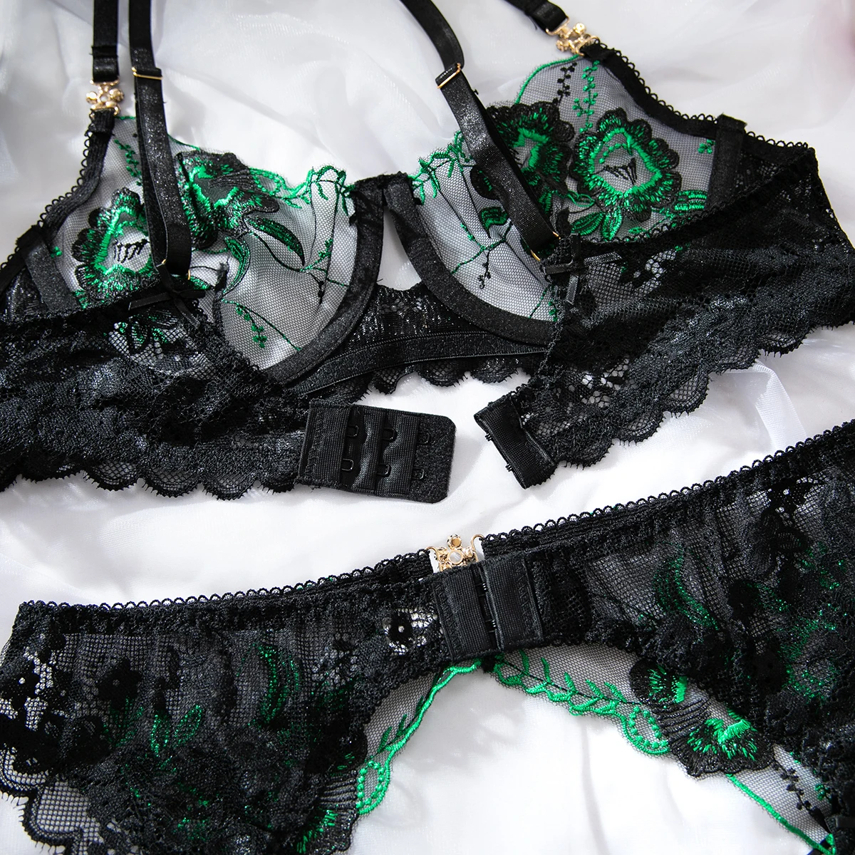 Conjunto de lencería de lujo de 4 piezas con malla negra y bordado floral verde, sujetador con aros, liguero y cinturón de lencería, ropa de noche sensual para mujer