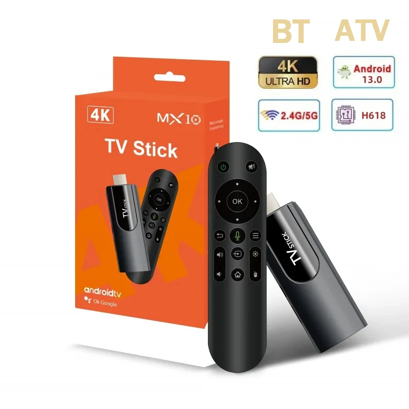 H618 Quad core MX10-10 Mini TV Stick Android 13 ATV 4K HD 2G 16G TV Box 2.4G 5G Dual Wifi Smart Media Player BT4.1 TV Receiver