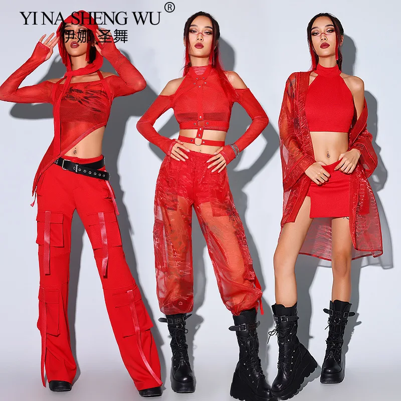 

Kpop Одежда для джазовых танцев Женский красный костюм для взрослых Ночной клуб DJ Певица Танцовщица Одежда для выступлений Костюм Drag Queen Rave Dance Костюм