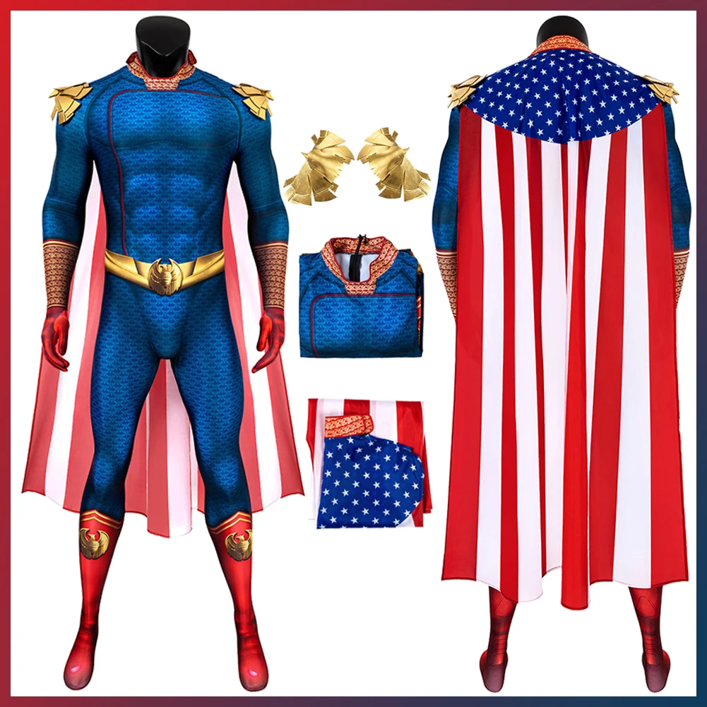 

TV Boys Superhero Costume Disguise Homelander Cosplay Fantasy Cloak Jumpsuit Clothing Adult Men Roleplay Fantasia Outfits