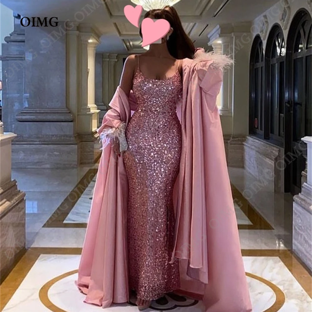 OIMG Elegant Dubai Long Cape Prom Dress 2024 Luxurious Beaded Evening Dresses Simple Floor Length Gown Vestidos De Novia