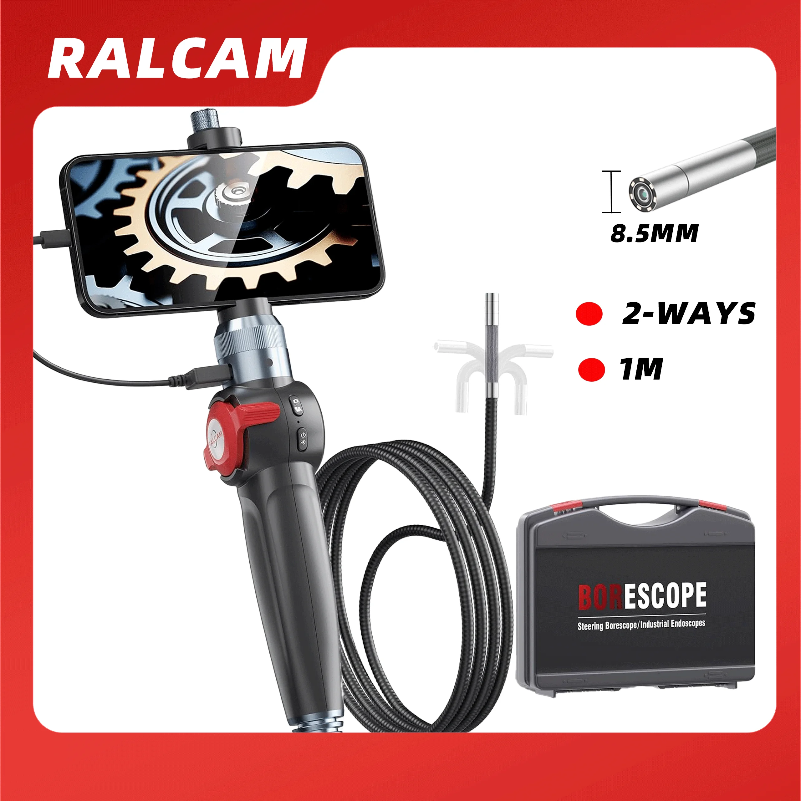 RALCAM اتجاهين 180 ° كاميرا المنظار الصناعي 8.5 ملم فحص الكاميرا بوريسكوب مفصلية مع حقيبة حمل #1