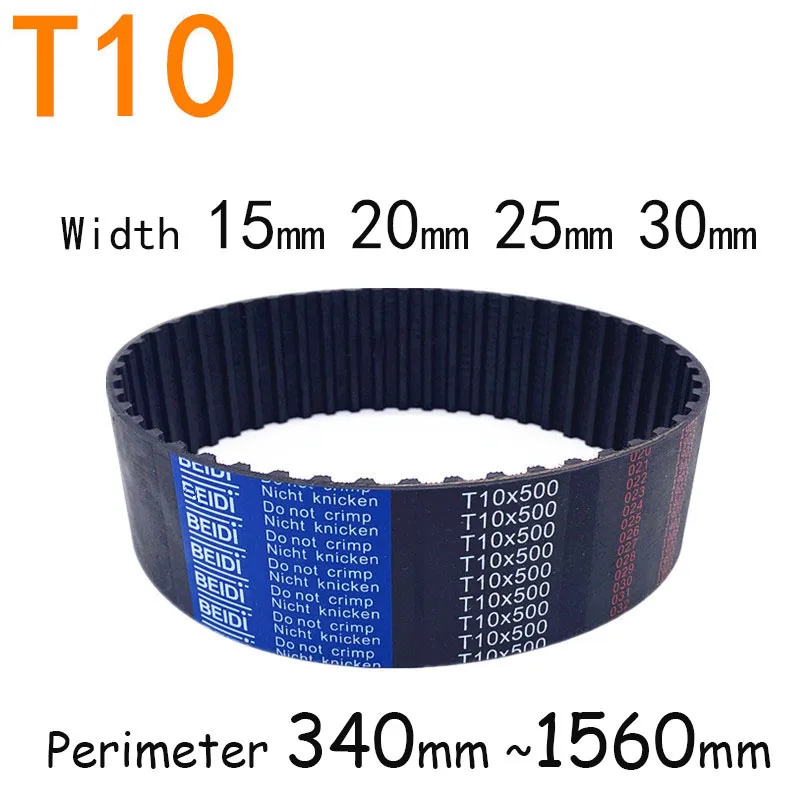 

T10 Timing Belt Rubber Closed Loop Length Perimeter 340 370 400 410 440 560 570 580 ~1560mm Width 15mm 20mm 25mm 30mm Pitch 10mm