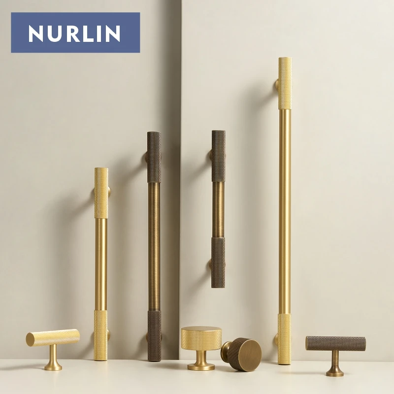 Nurlin Solid Brass Classic Luxury Kitchen Knurled Pattern Knobs Drawer Handle Door Pull Retro Distressed Matte Gold Many Size