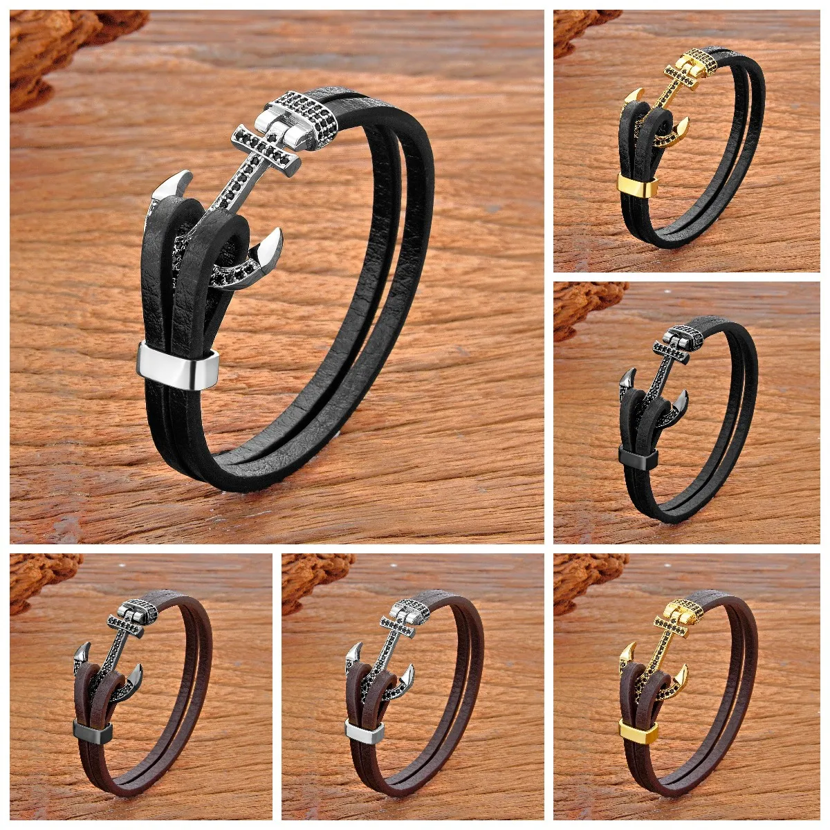 Trend Brass Micro-Inlaid Zircon Anchor Shape Men Bracelet Balck Brown Double Leather Bangles Classic Women Jewelry Sport Buckle