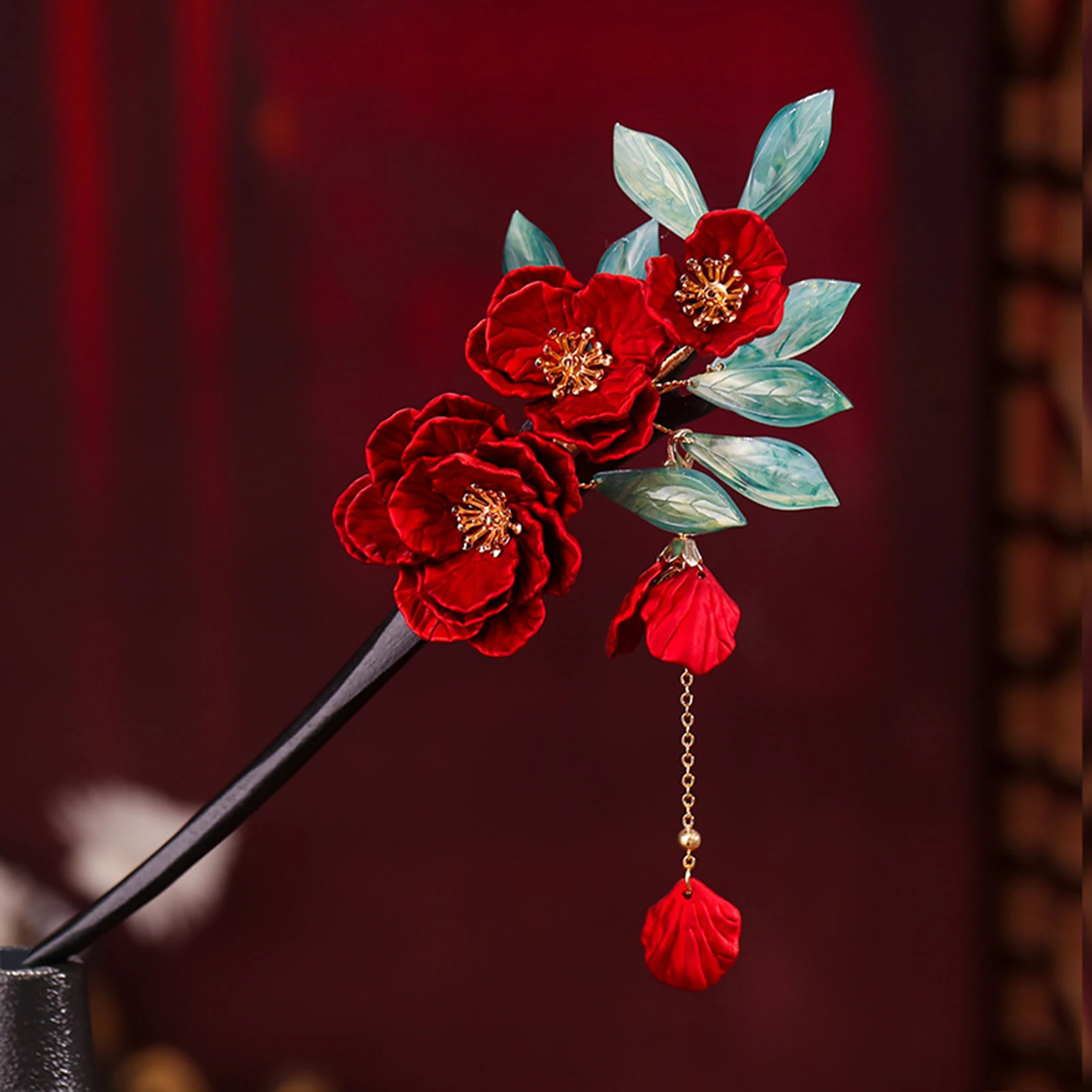 New Chinese Style Red Flower Hair Sticks Forks Wooden Handmade Floral Hair Clips Pendant Hair Jewelry for Women and Girls