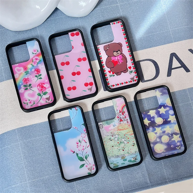 Wildflower Lovely Bear Phone Case for iPhone 16 15 14 13 12 Pro Max Plus 16plus Cute Flower Cool Star WF metal Logo Back Cover