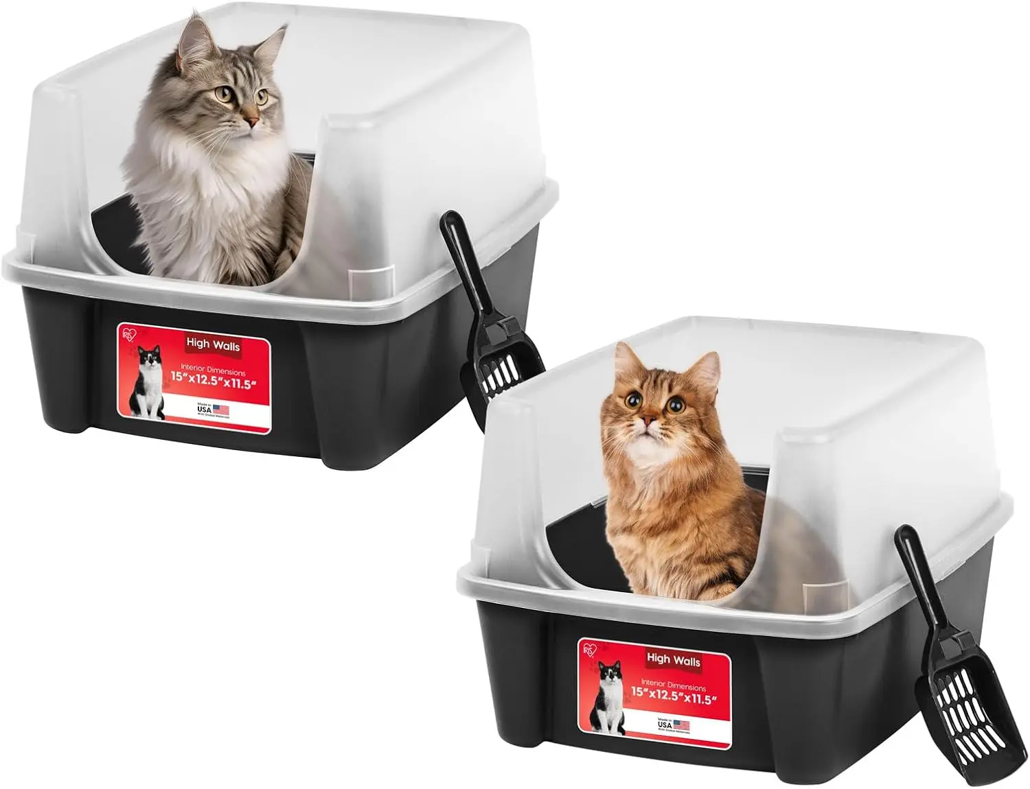 

2 Pack Large Open Top Cat Litter Box with High Sides, Scatter Shield & Scoop, Black, for Indoor Cats, Kittens or Multica