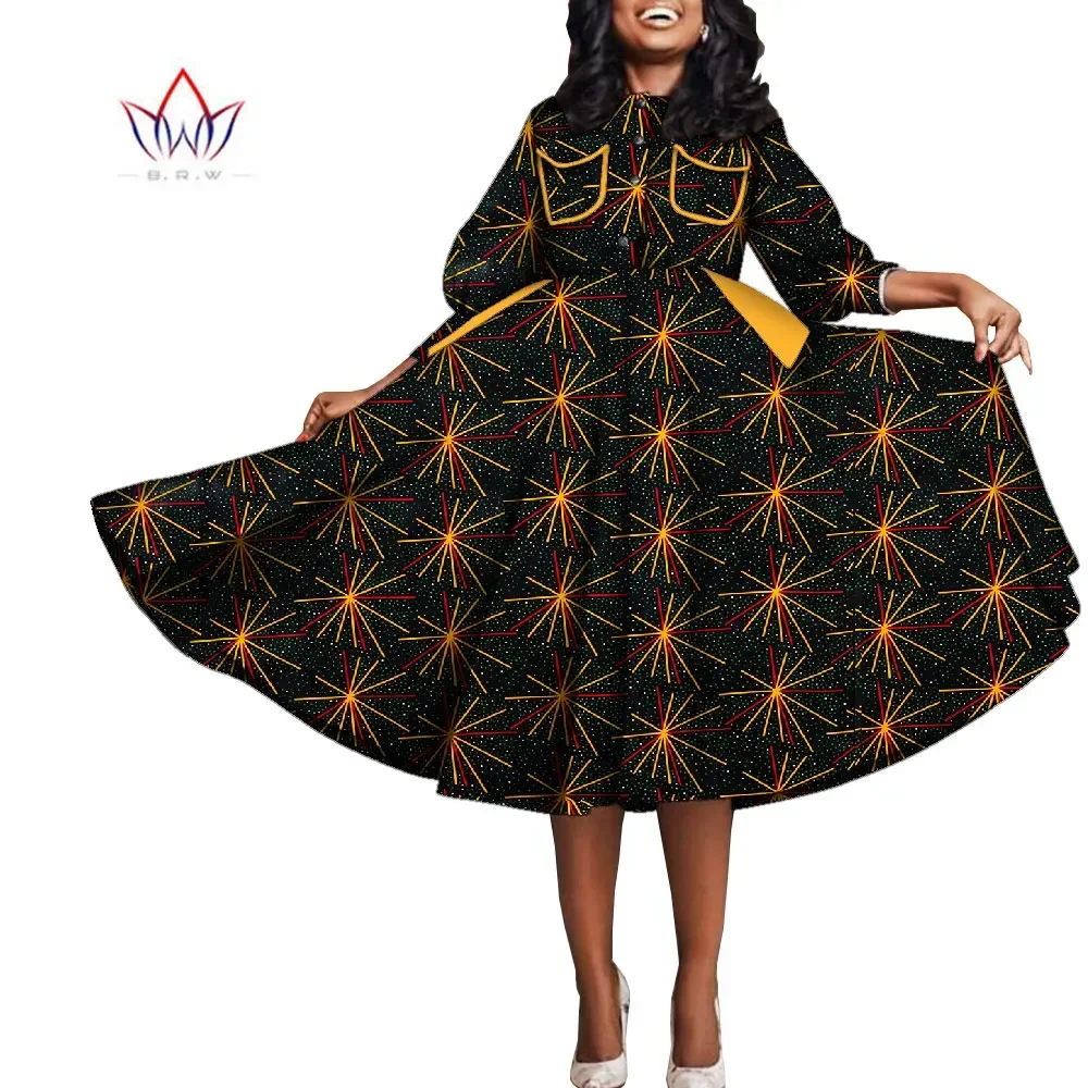 Bintarealwax African Women Dresses 2022 Fashion Three Quarter Sleeves Clothes Bazin Riche Plus Size Mid-Calf Dress WY9773