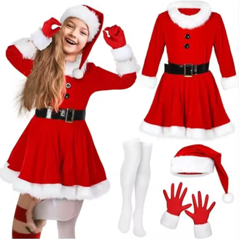 5 Pack Girls Christmas Santa Suit Dress Velvet Dress Costume with Belt Over Knee Socks Hat Anime Disfraz Hombre Costume