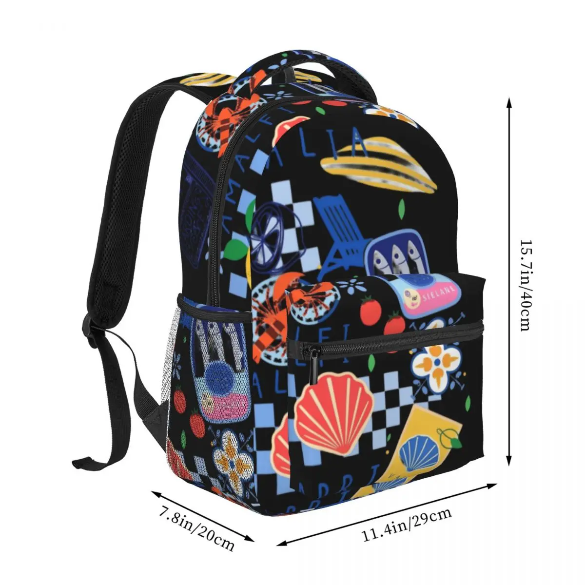 Sky Cloud Print Backpack Tossed Italian Sardine Lemon Coastal Travel Illustration Blue Yellow Whi Lightweight Daypack for School