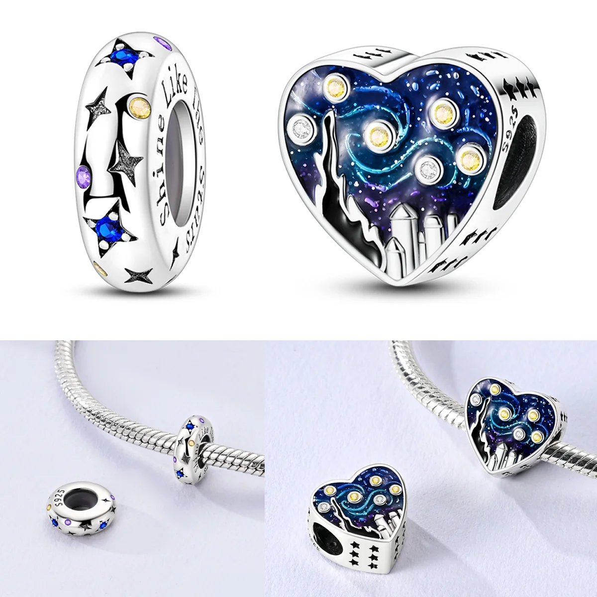 Стерлингового Серебра 925 пробы, маленький Ван Гог, звездное небо, подвески, бусина с фианитом, блестящая звезда, подвеска, подходит для оригинального браслета, женские ювелирные изделия своими руками